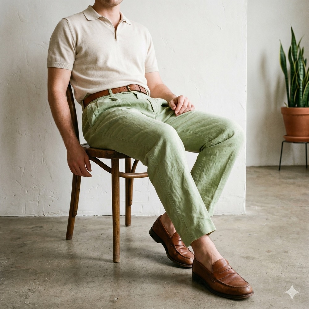Van Gils Pants Mens 54 Sage Green Pleated 100% Linen Straight Leg Coastal Core